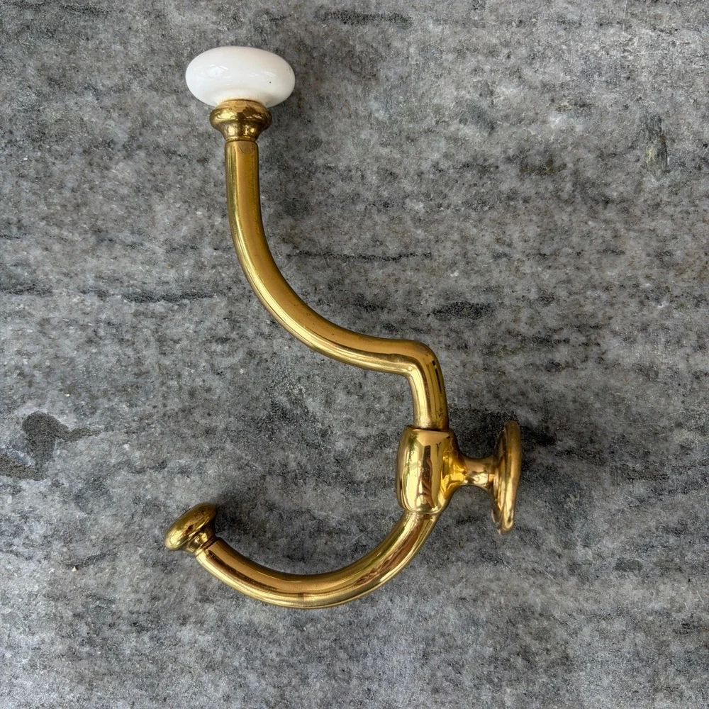 Vintage Brass Double Wall Hook with White Porcelain Ceramic Finial Finial 5.5in